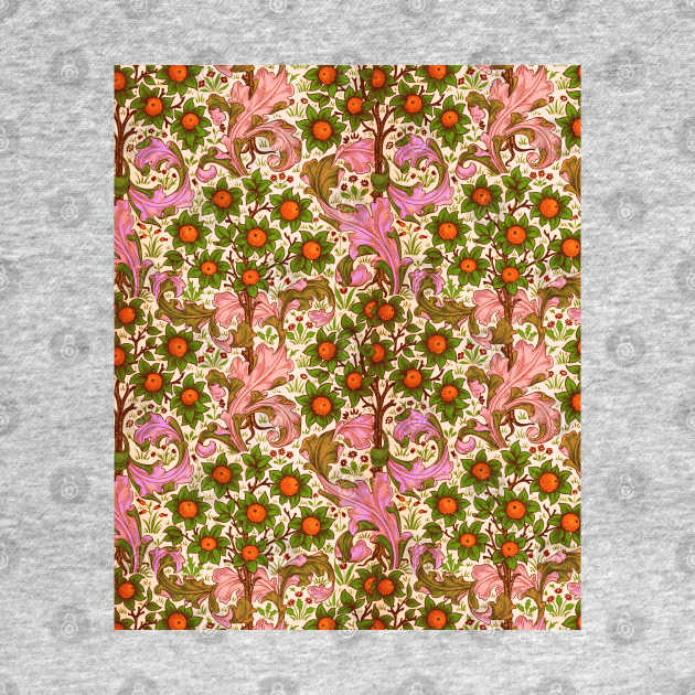 ORANGE TREE WITH PINK GREEN LEAVES ,FLOWERS Floral Art Nouveau Pattern by BulganLumini